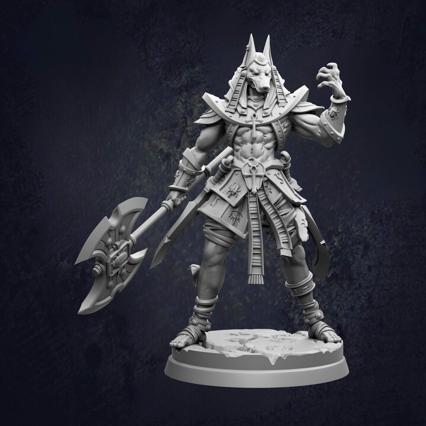 A detailed 3D model of a warrior figure, likely from ancient Egyptian mythology, standing in a fighting stance with a large weapon in hand.