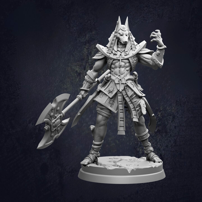 A detailed 3D model of a warrior figure, likely from ancient Egyptian mythology, standing in a fighting stance with a large weapon in hand.