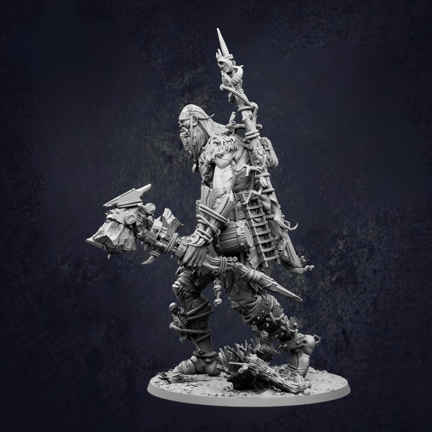 A detailed 3D model of a warrior figure, equipped with various weapons and armor, standing in a dark environment.