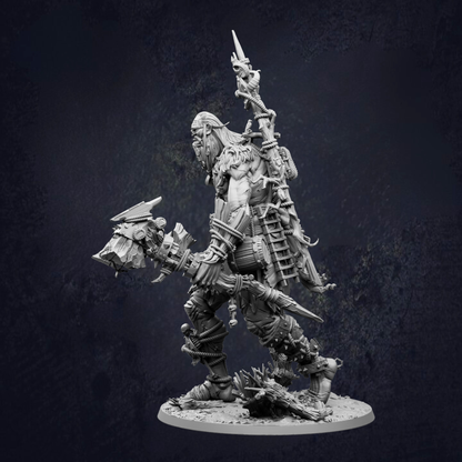 A detailed 3D model of a warrior figure, equipped with various weapons and armor, standing in a dark environment.