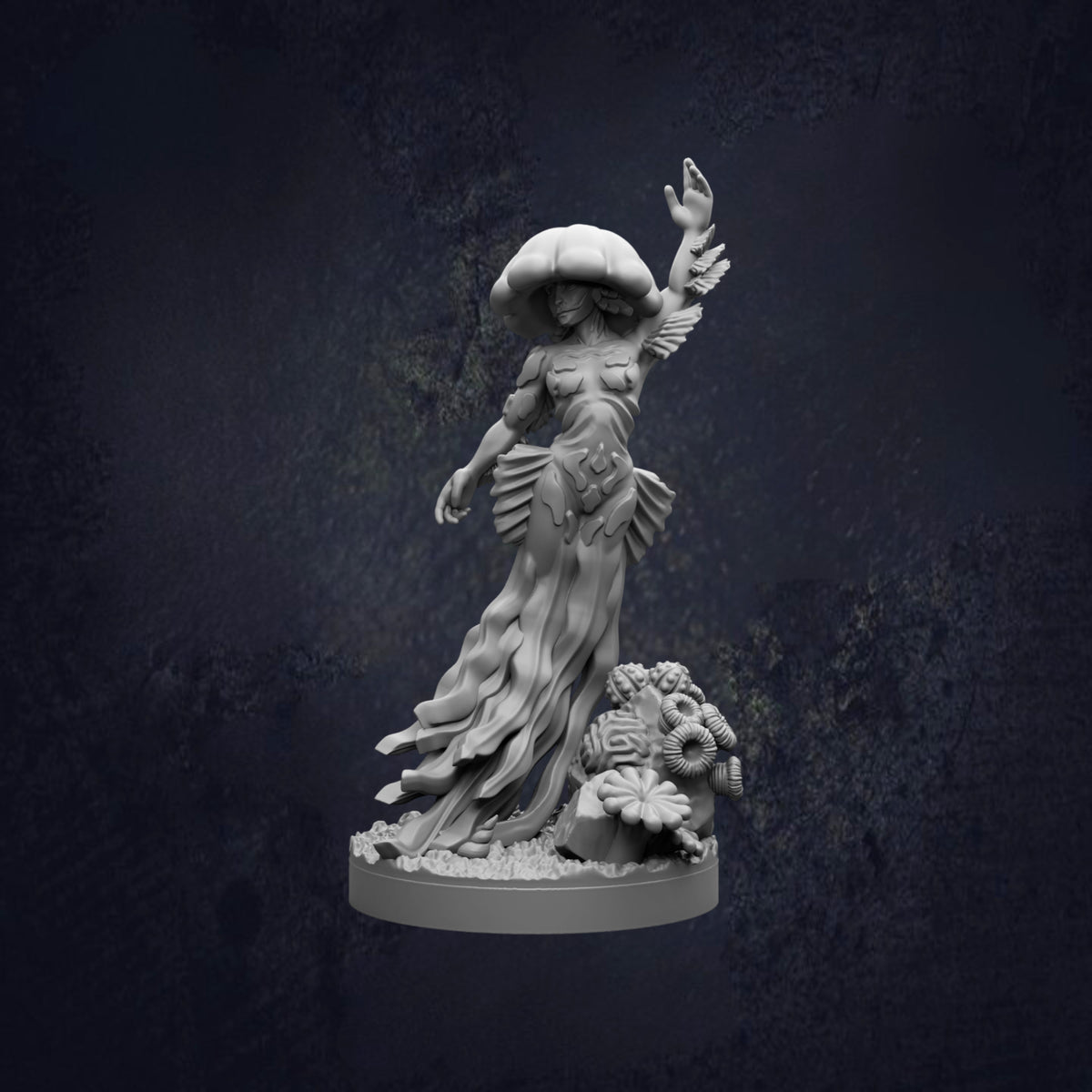 A 3D model of a female figure with a large headdress, standing on a base with flowers and plants.