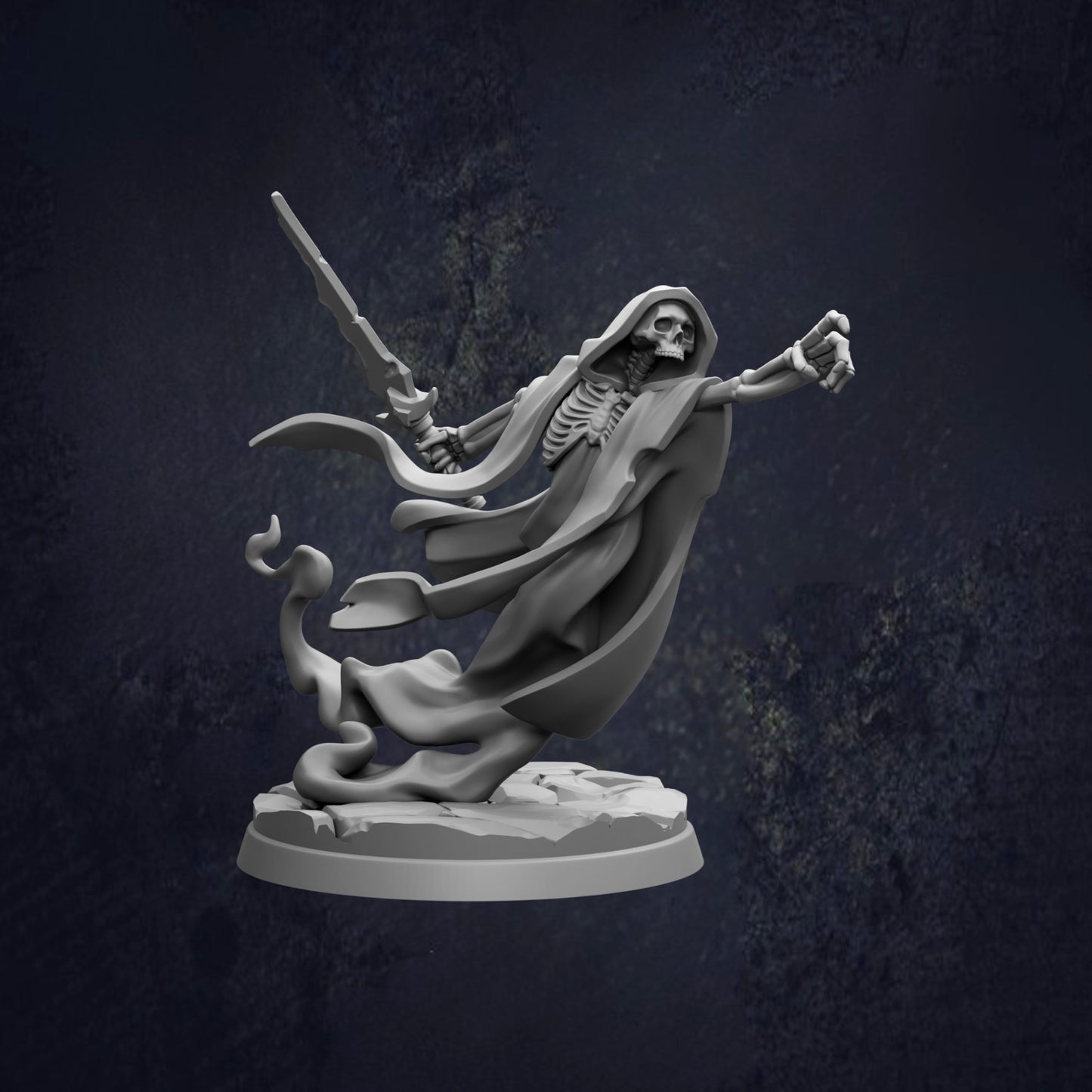 A 3D rendering of a skeletal figure holding a sword and appearing to be in motion, set against a dark background.