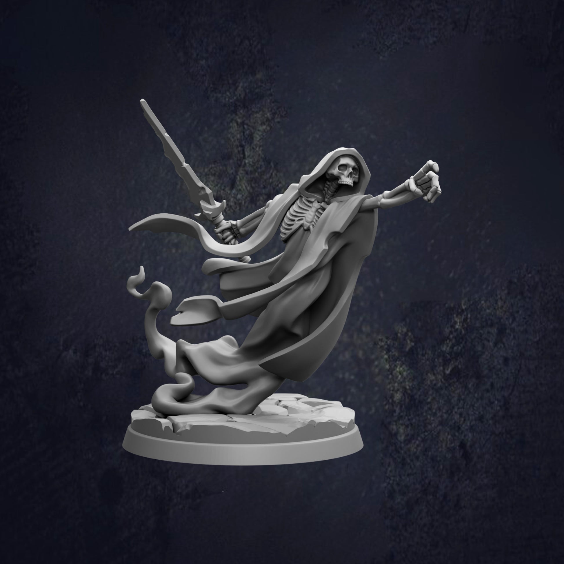 A 3D rendering of a skeletal figure holding a sword and appearing to be in motion, set against a dark background.