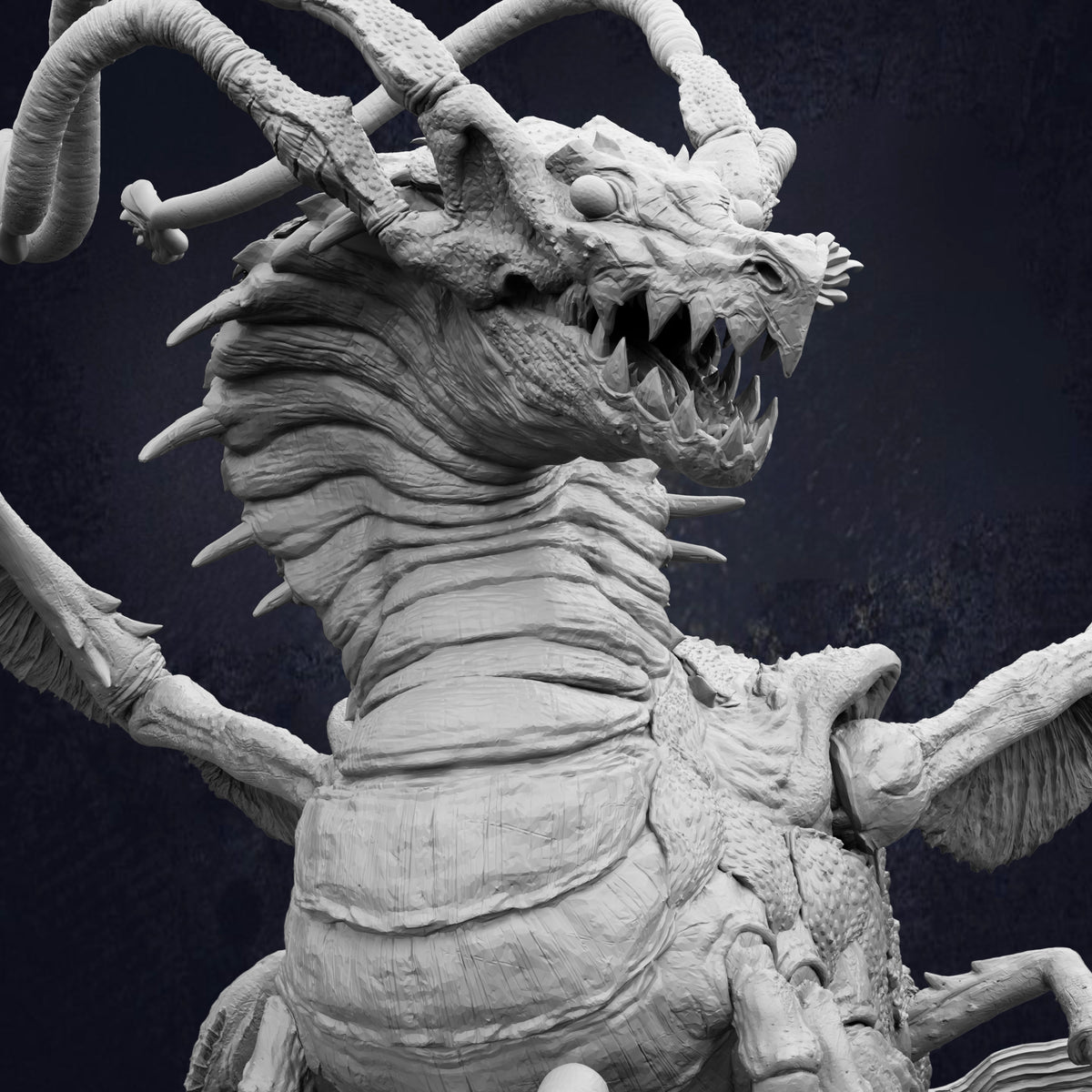 A detailed, realistic-looking sculpture of a large, menacing-looking dragon with sharp teeth and claws, set against a dark background.