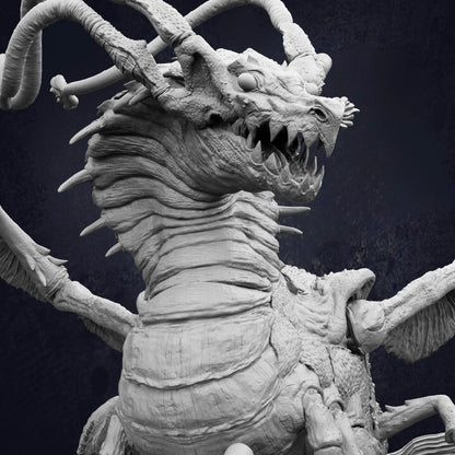 A detailed, realistic-looking sculpture of a large, menacing-looking dragon with sharp teeth and claws, set against a dark background.