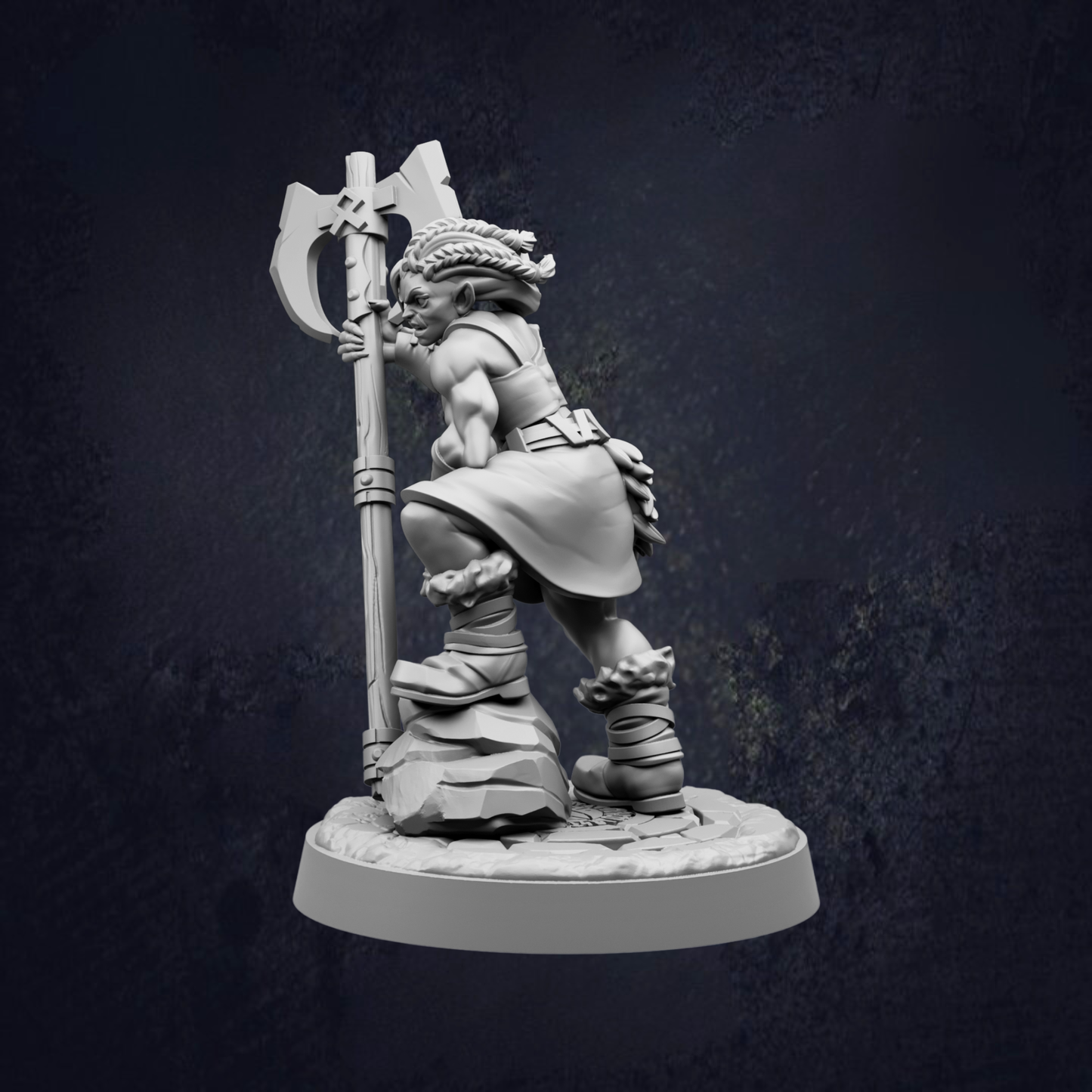A 3D model of a warrior figure holding a large weapon, standing on a rock formation.