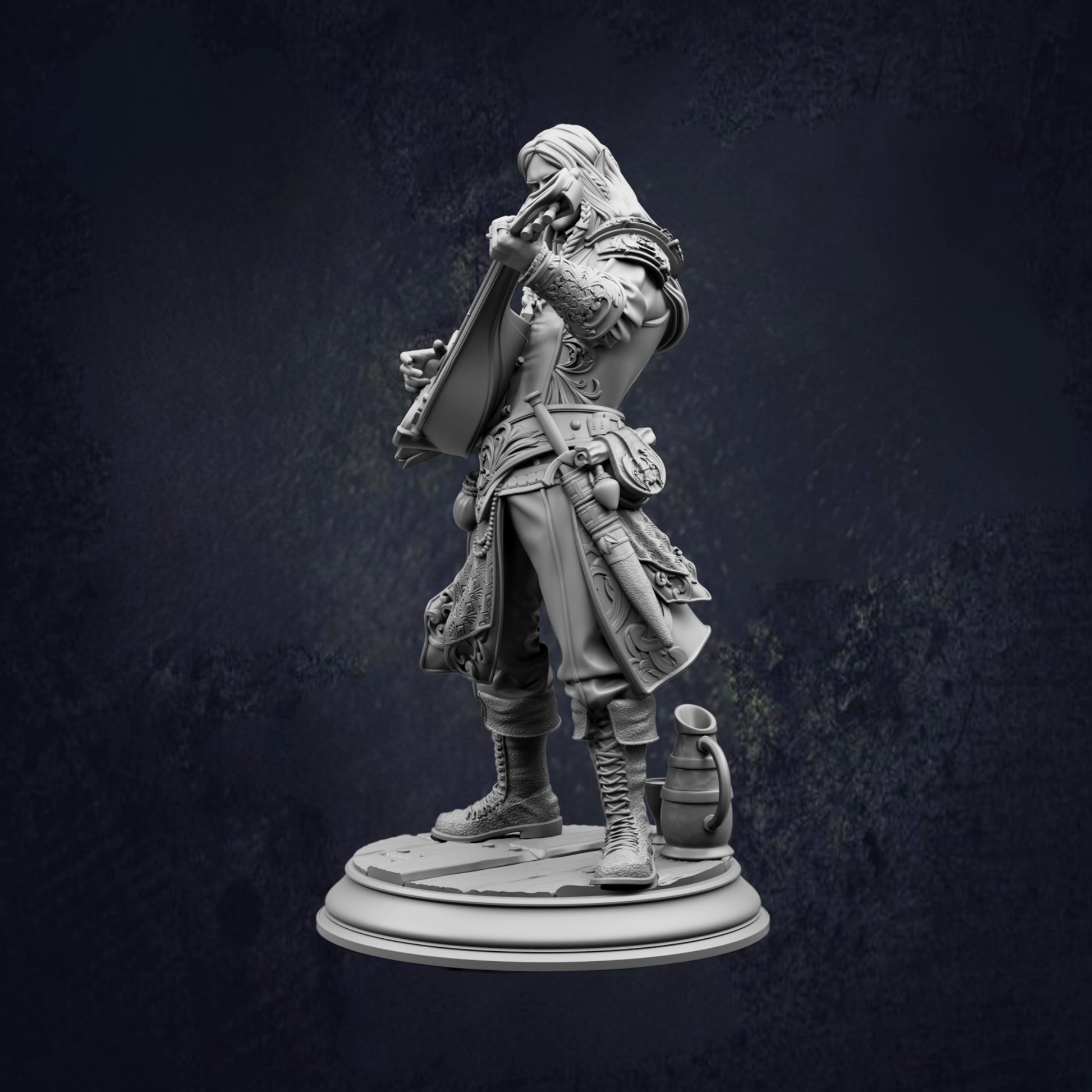 A detailed 3D model of a character, possibly a warrior or knight, standing on a platform and holding a shield. The character is wearing a helmet and has a sword in their hand.