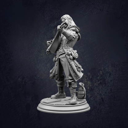 A detailed 3D model of a character, possibly a warrior or knight, standing on a platform and holding a shield. The character is wearing a helmet and has a sword in their hand.