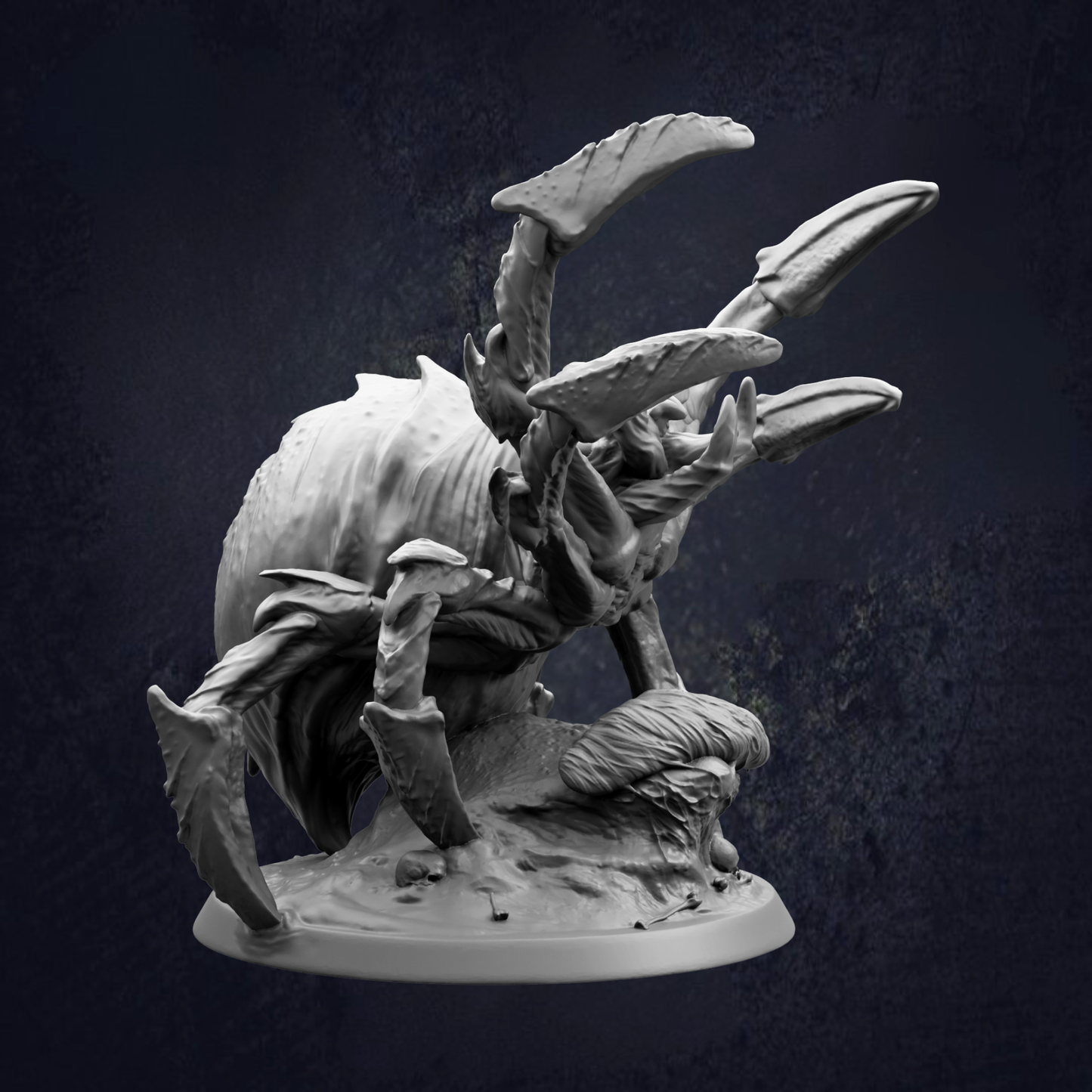 A detailed 3D model of a large, intricate spider with multiple legs and claws, set against a dark background.