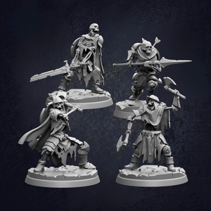 four 3D models of soldiers, each holding various weapons such as swords and spears, set against a dark background.