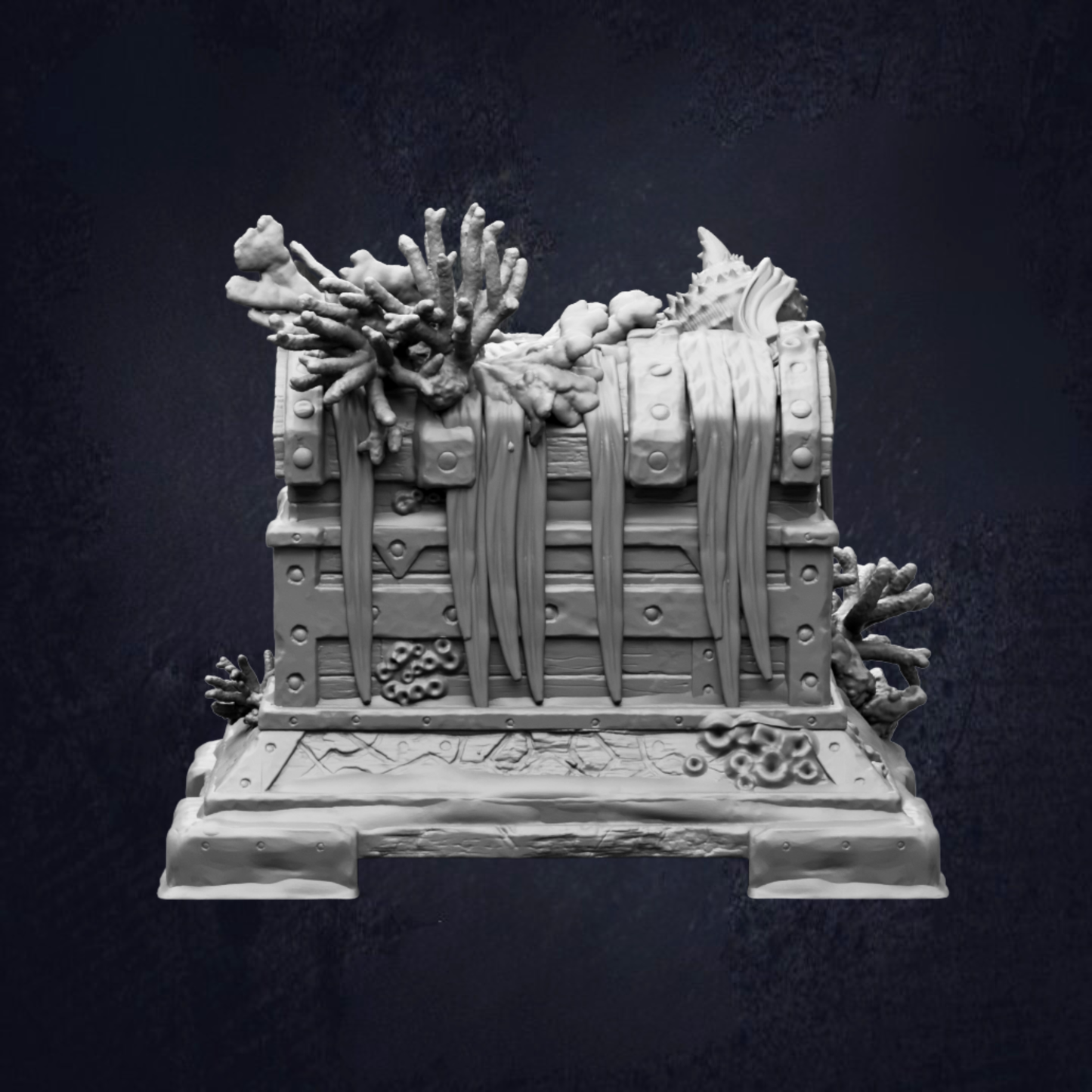 A 3D model of a treasure chest with intricate details and decorations, including a floral design and other natural elements, set against a dark background.