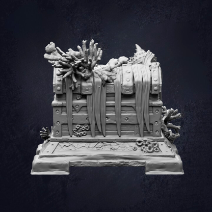 A 3D model of a treasure chest with intricate details and decorations, including a floral design and other natural elements, set against a dark background.