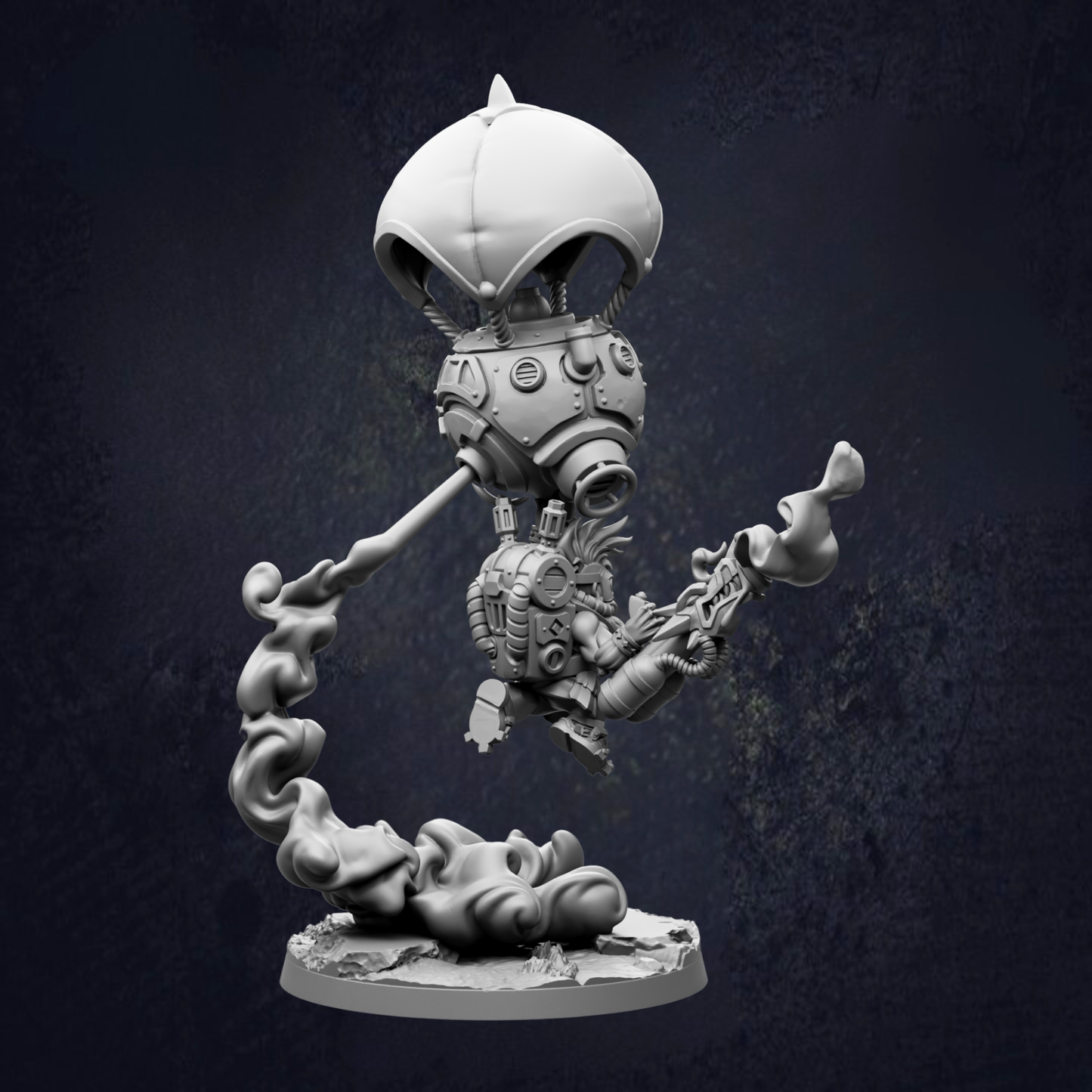 A 3D model of a futuristic, mechanical character with a large, dome-shaped head and a long, curved arm extending outwards.