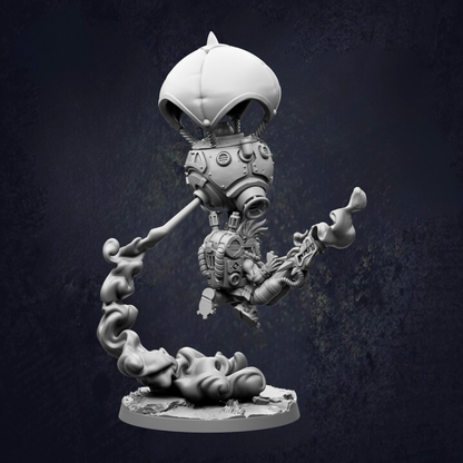 A 3D model of a futuristic, mechanical character with a large, dome-shaped head and a long, curved arm extending outwards.