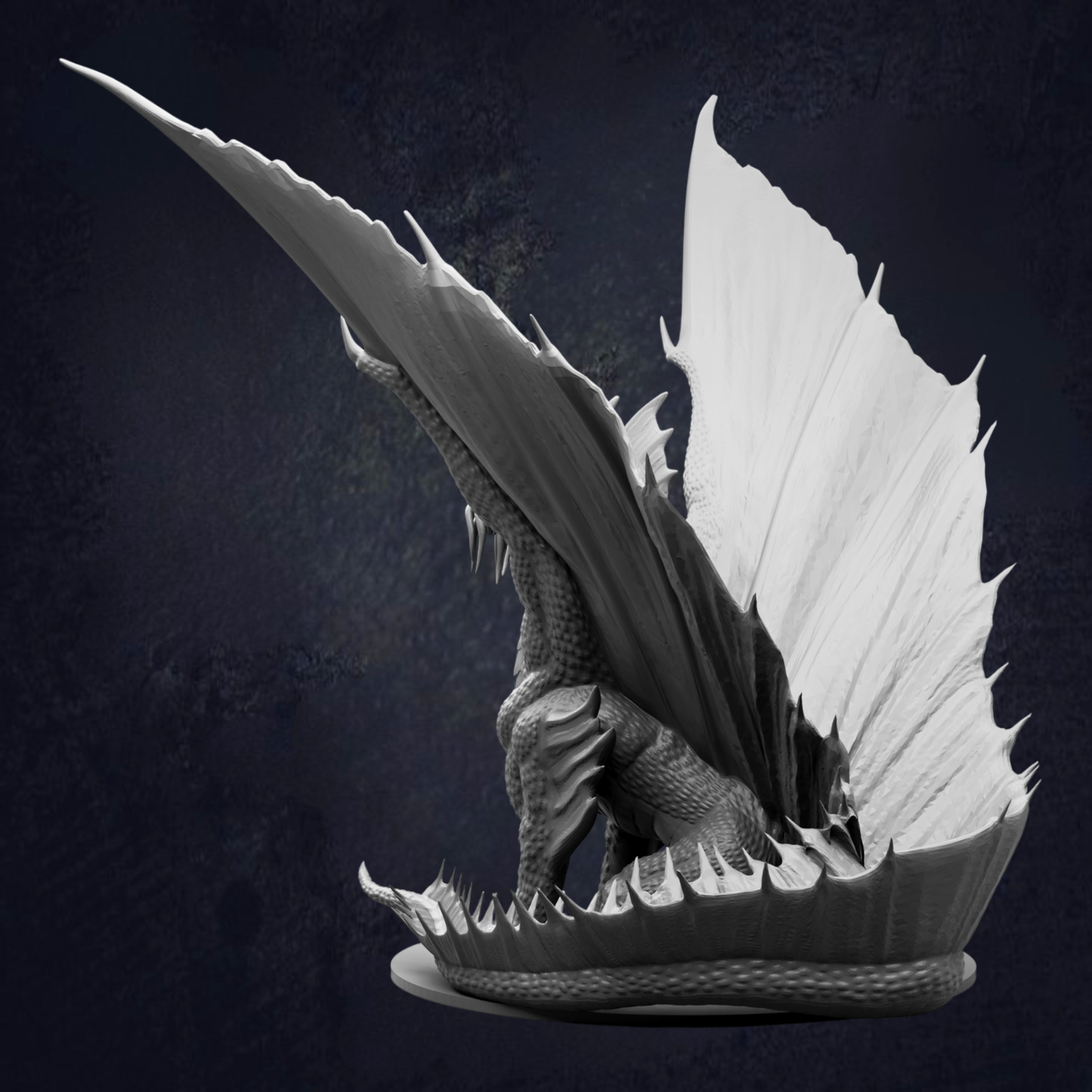 A detailed black and white image of a winged creature, possibly a dragon or mythical creature, with sharp teeth and claws.