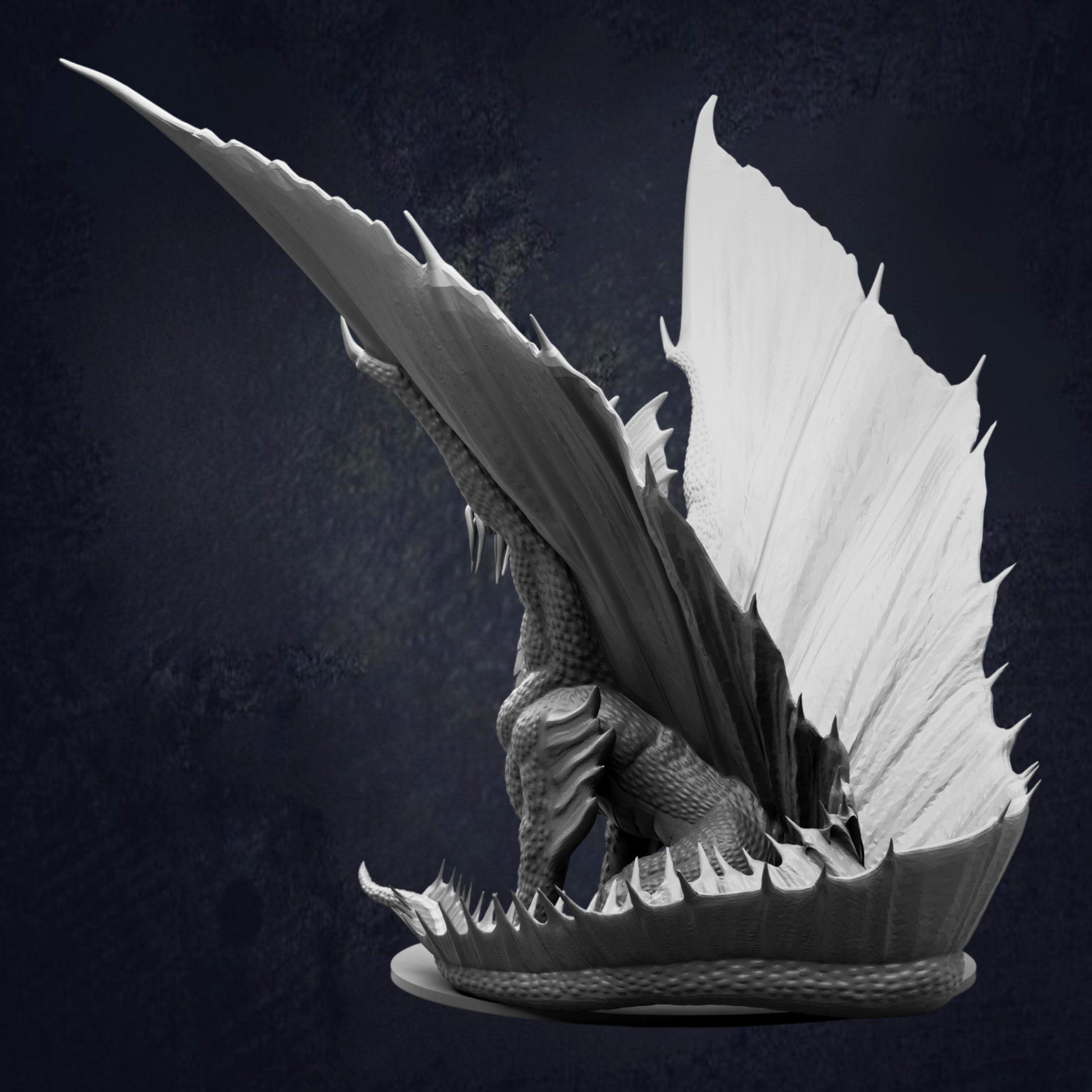 A detailed black and white image of a winged creature, possibly a dragon or mythical creature, with sharp teeth and claws.