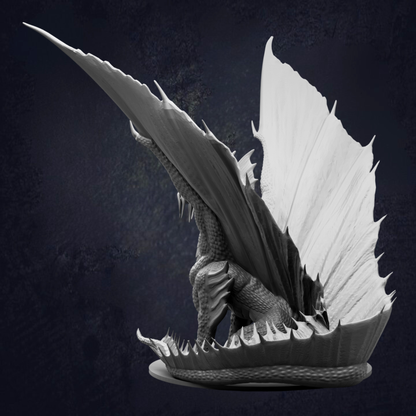 A detailed black and white image of a winged creature, possibly a dragon or mythical creature, with sharp teeth and claws.