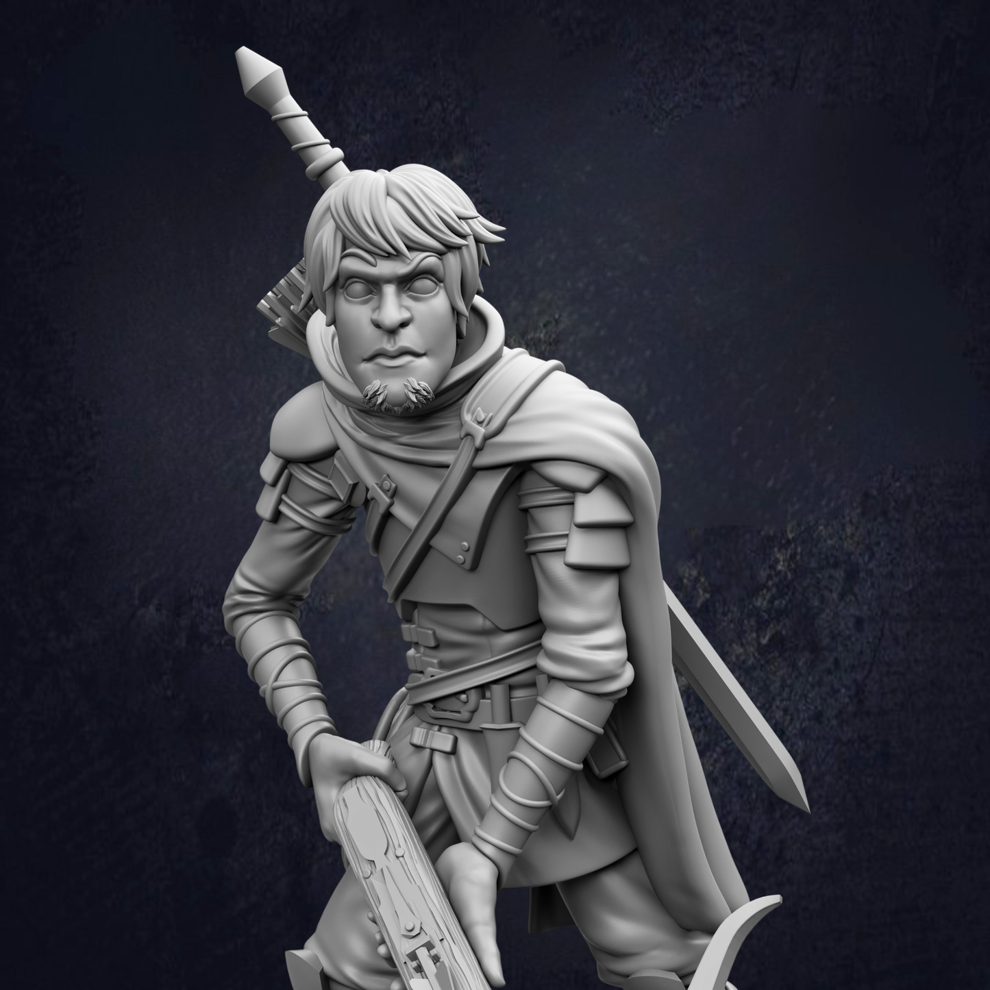 A detailed 3D model of a warrior figure holding a sword and shield, standing in a fighting stance.