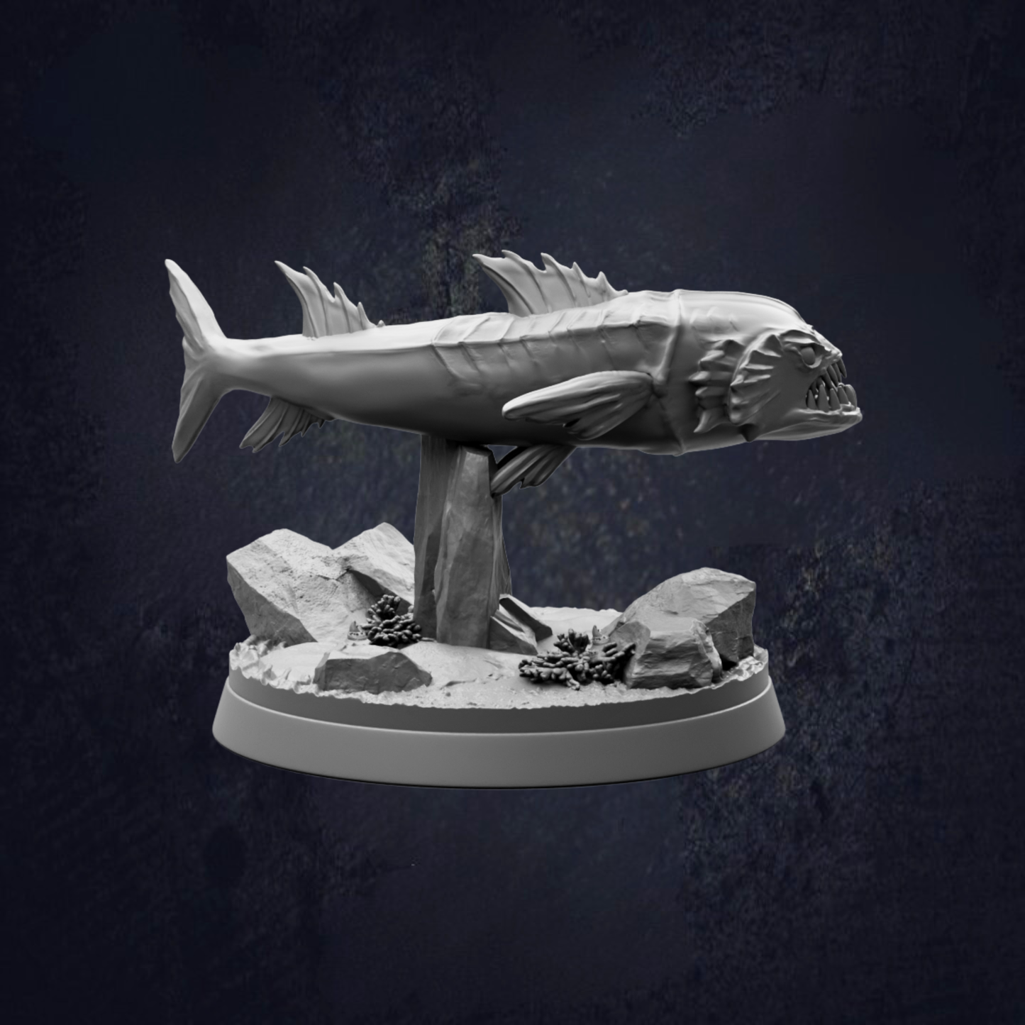 A 3D model of a fish sculpture is displayed against a dark background.
