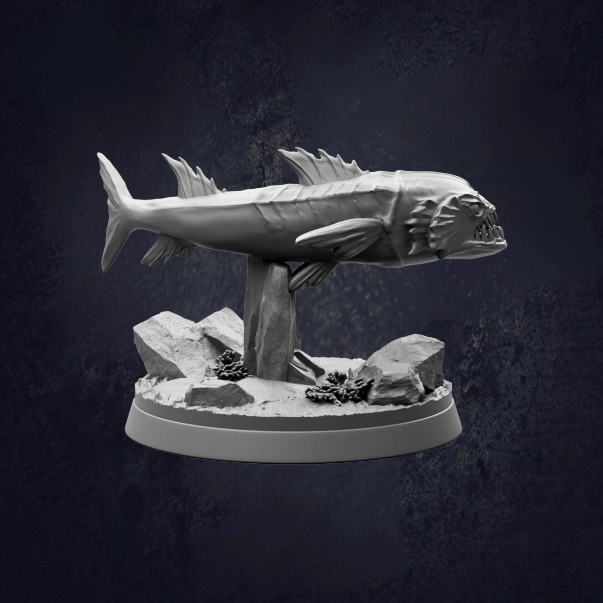 A 3D model of a fish sculpture is displayed against a dark background.