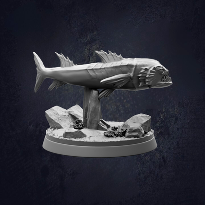 A 3D model of a fish sculpture is displayed against a dark background.