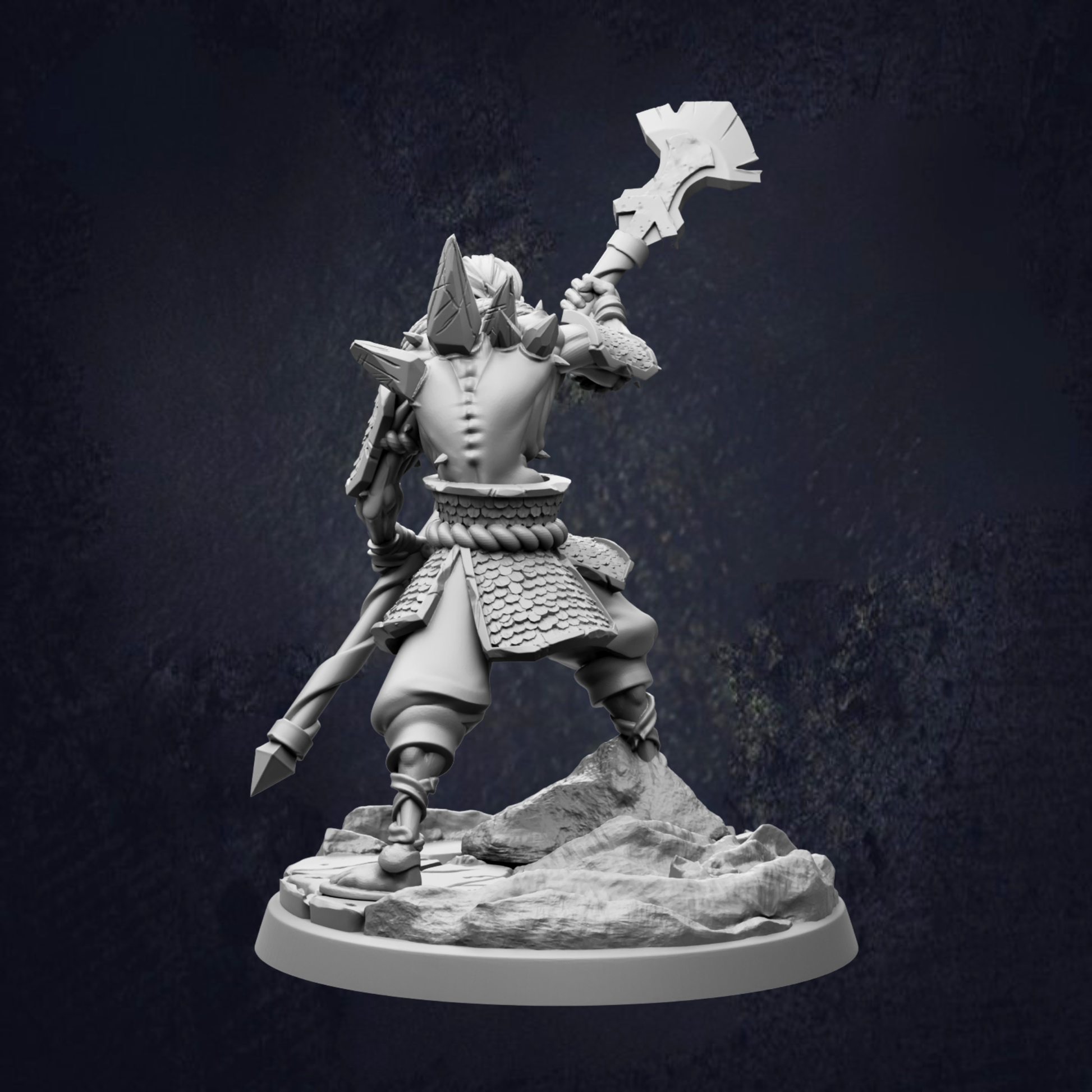 A detailed 3D model of a warrior figure, holding a sword and shield, standing on a rocky base against a dark background.