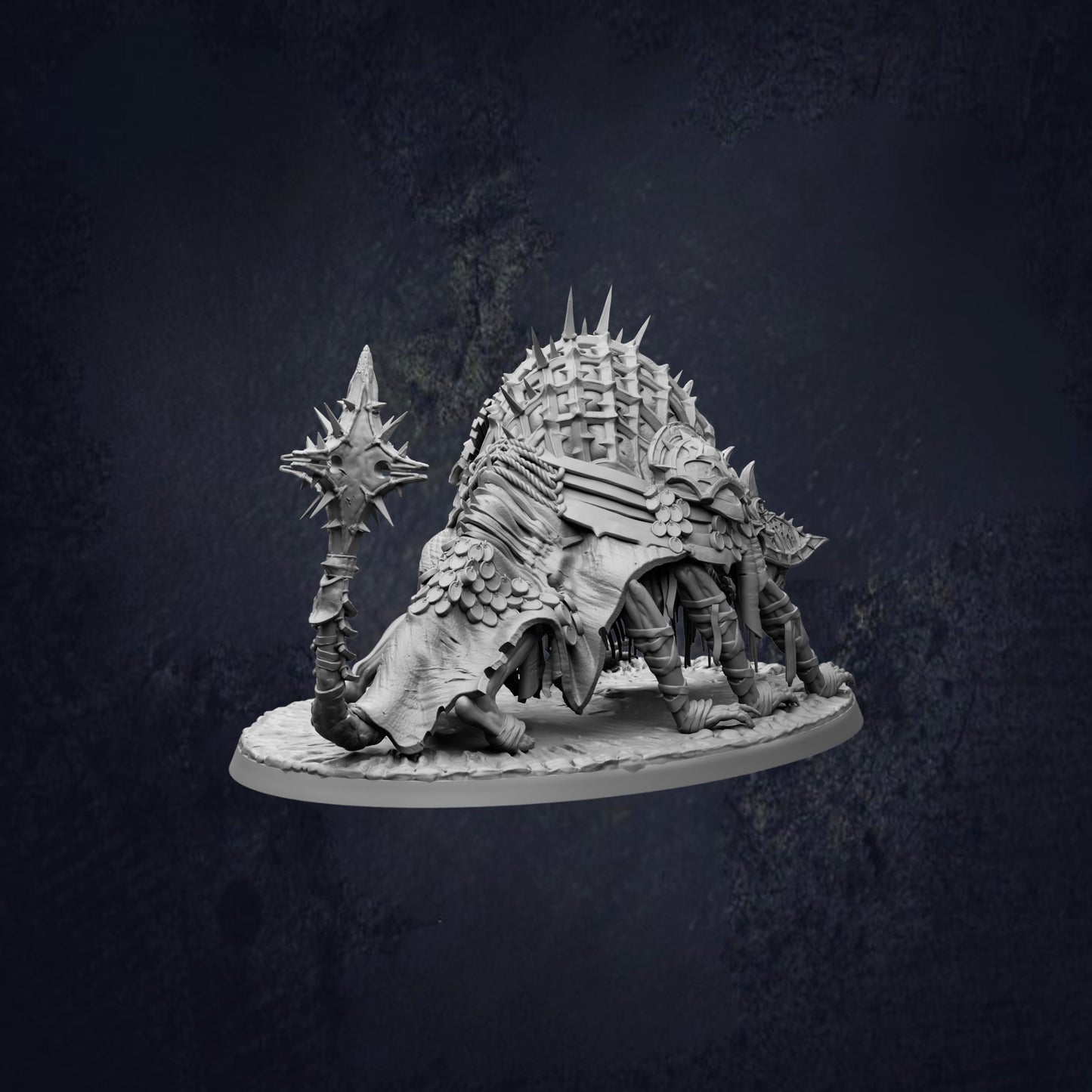 A detailed 3D model of a fantastical creature with sharp spikes and a large head, standing on a platform against a dark background.