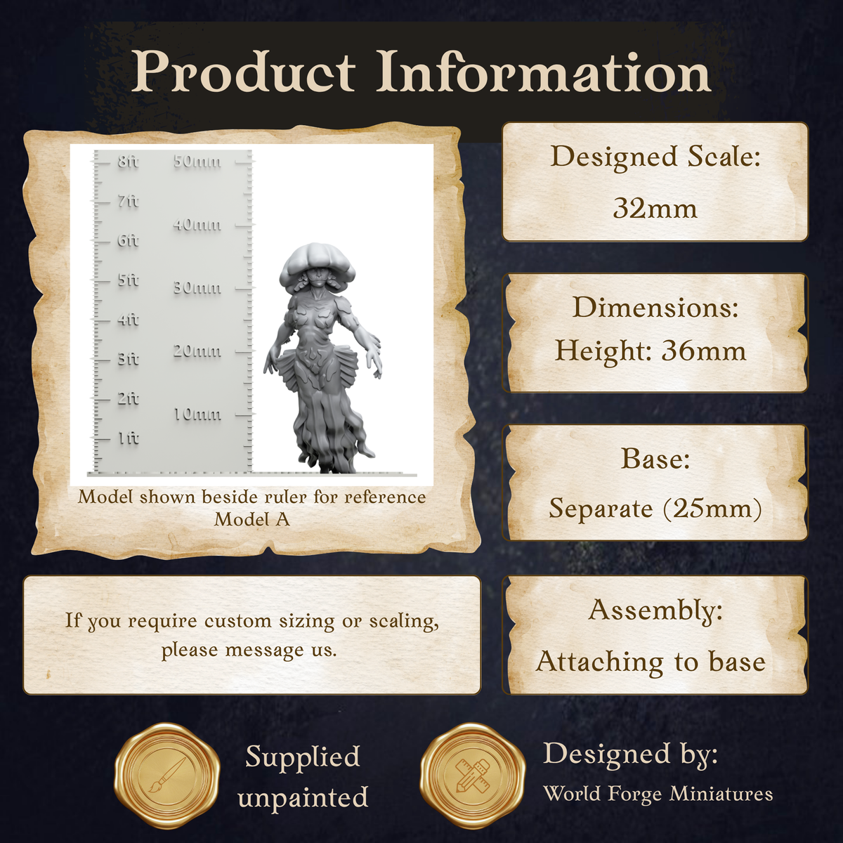 The image is a product information display featuring a model of a character, likely from a video game or other digital media. The display includes dimensions, a base, and assembly instructions.