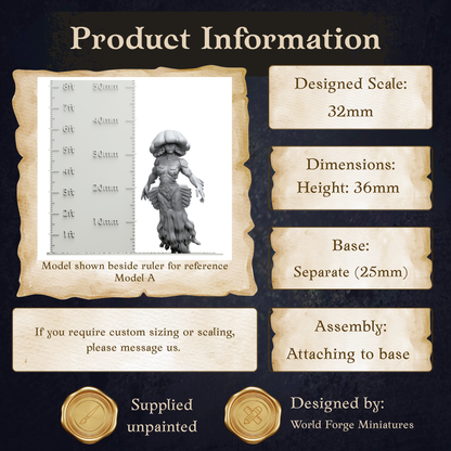 The image is a product information display featuring a model of a character, likely from a video game or other digital media. The display includes dimensions, a base, and assembly instructions.