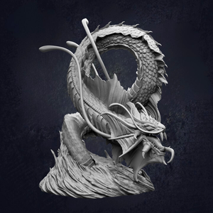 A detailed 3D rendering of a fantastical dragon-like creature with intricate scales and a fierce expression, set against a dark background.