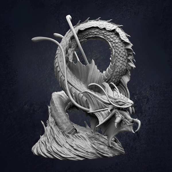 A detailed 3D rendering of a fantastical dragon-like creature with intricate scales and a fierce expression, set against a dark background.