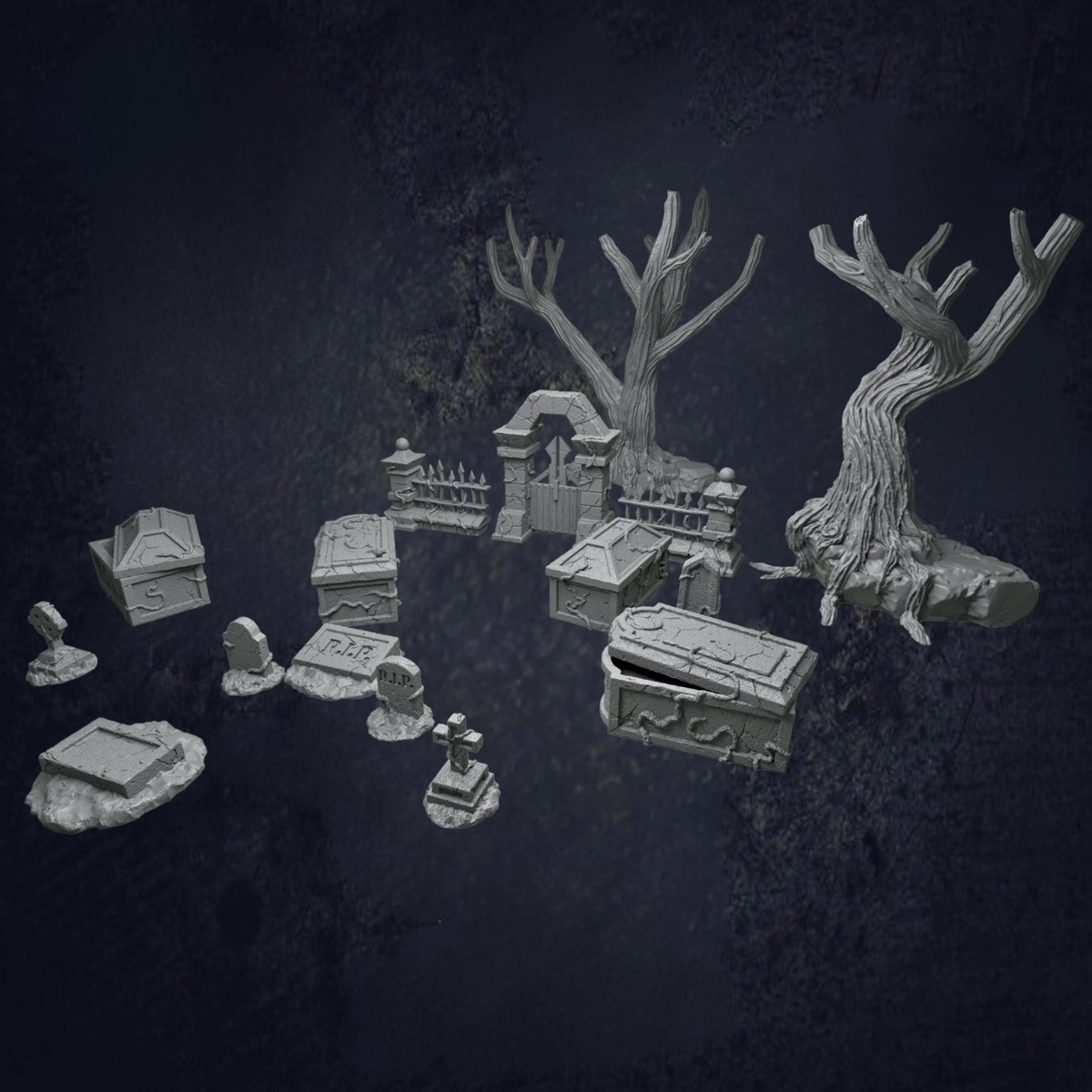 various eerie and spooky-looking objects, including a twisted tree, a cemetary, and a skull, all set against a dark background.