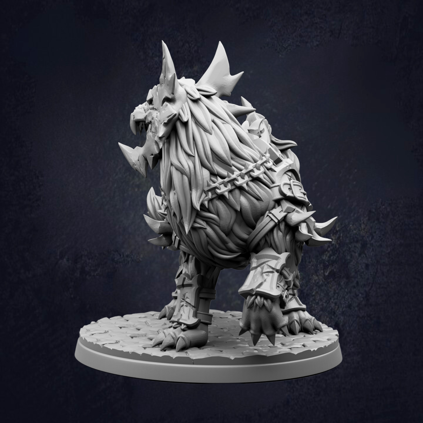 A detailed 3D model of a fierce-looking creature with sharp teeth and claws, standing on a platform against a dark background.