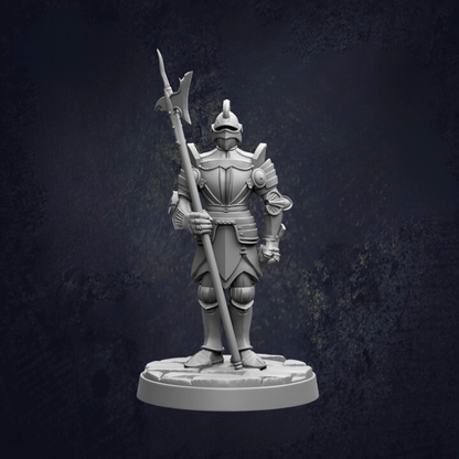 A 3D model of a knight in armor, holding a spear and standing on a base.