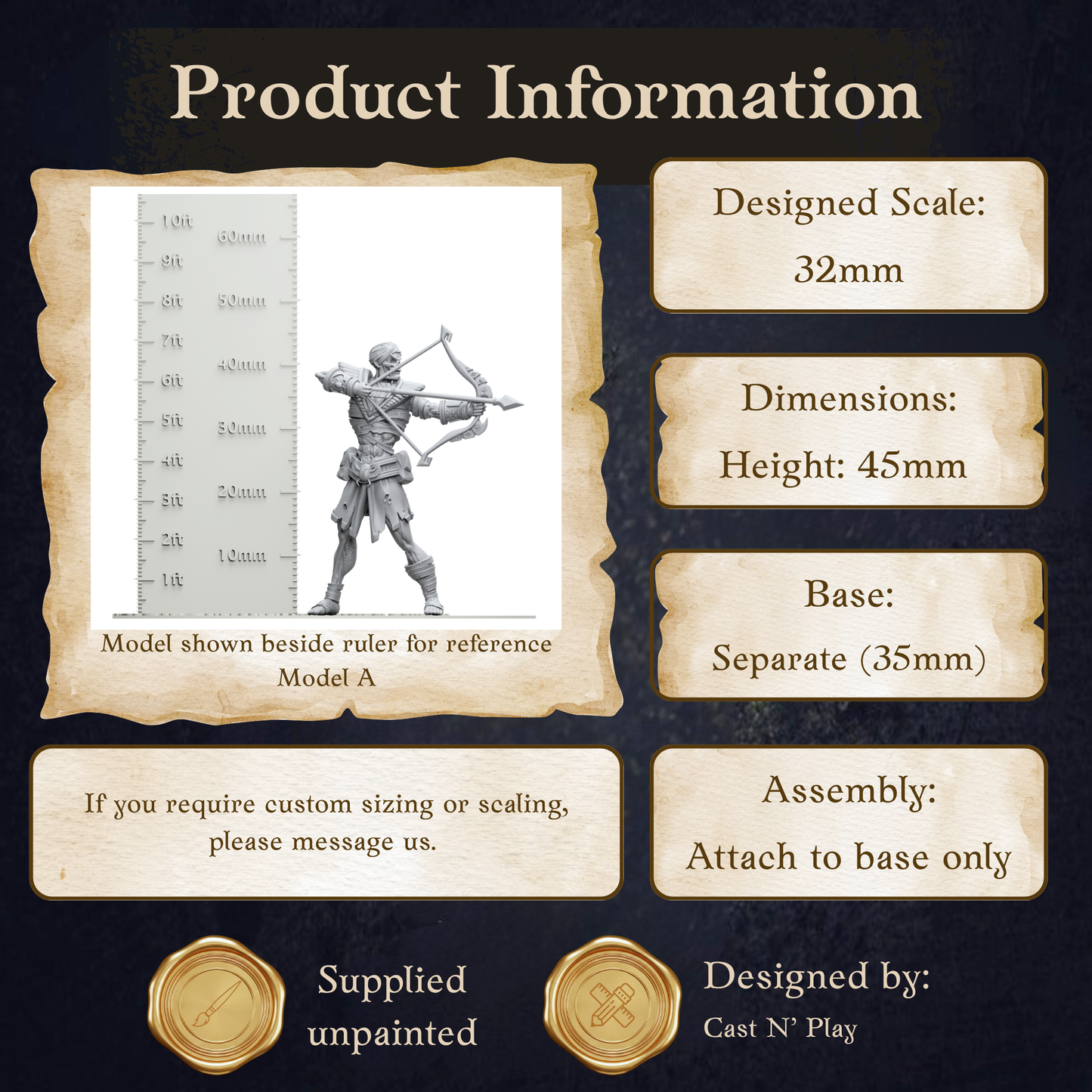 The image is a product information display featuring a model of a knight, with dimensions and assembly instructions provided.