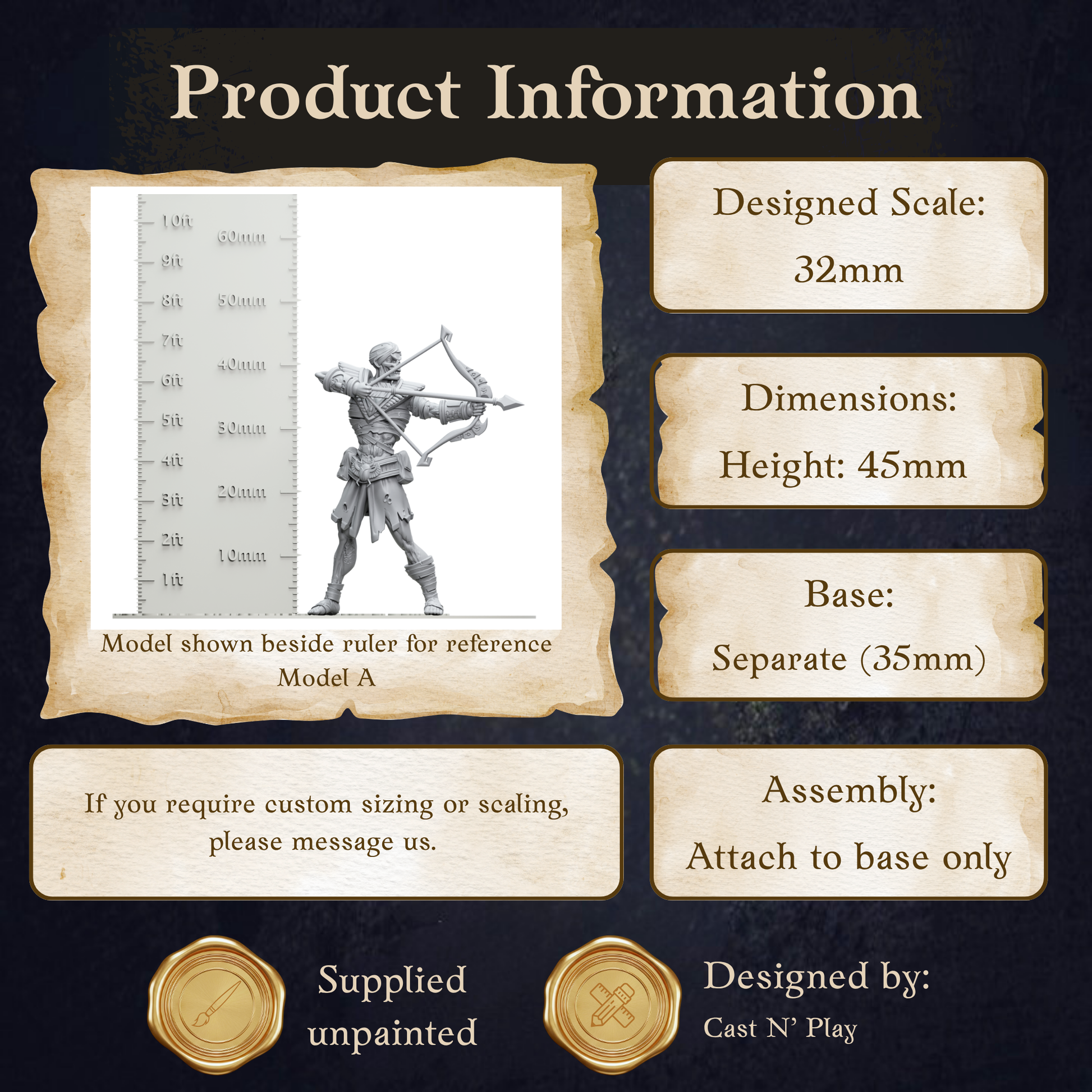 The image is a product information display featuring a model of a knight, with dimensions and assembly instructions provided.