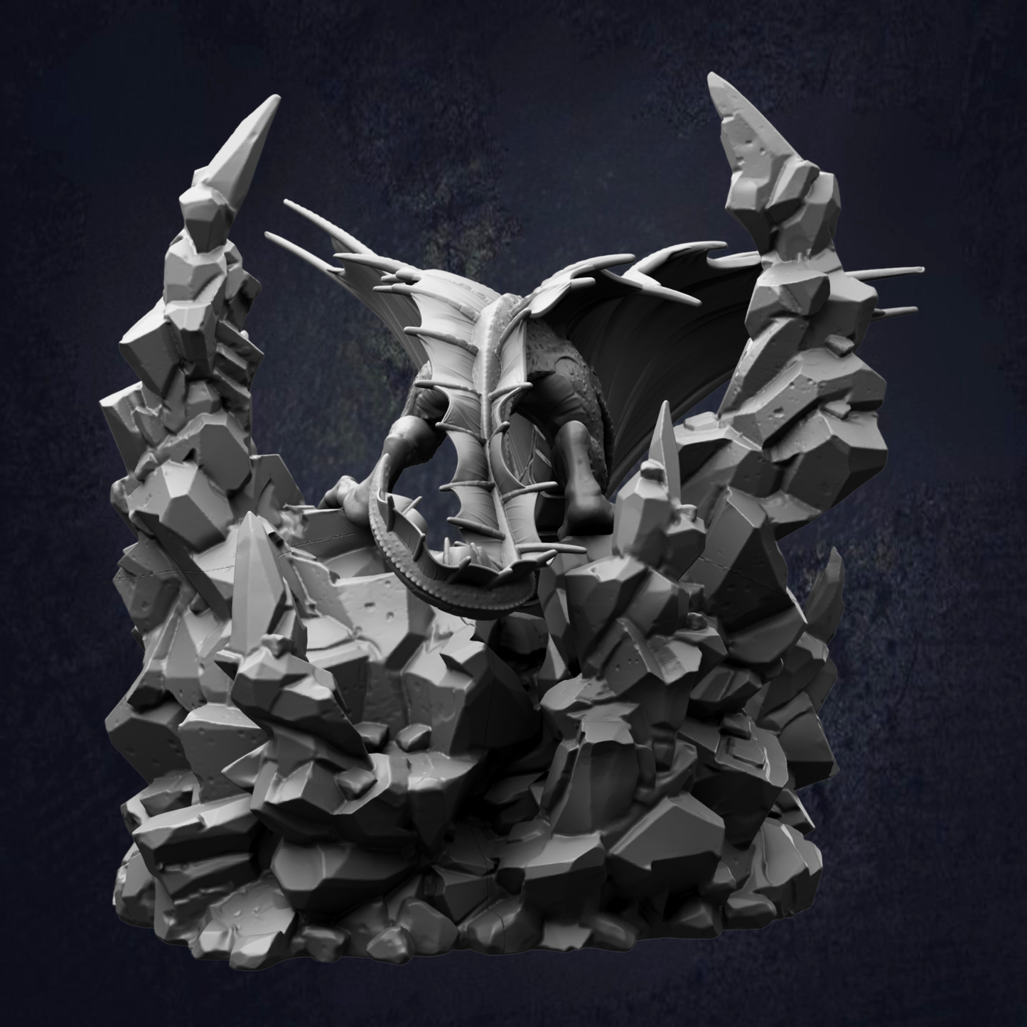 A detailed 3D rendering of a dragon-like creature emerging from a pile of rubble and rocks, set against a dark background.