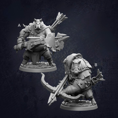 two 3D models of characters, each holding a bow and arrow, set against a dark background.