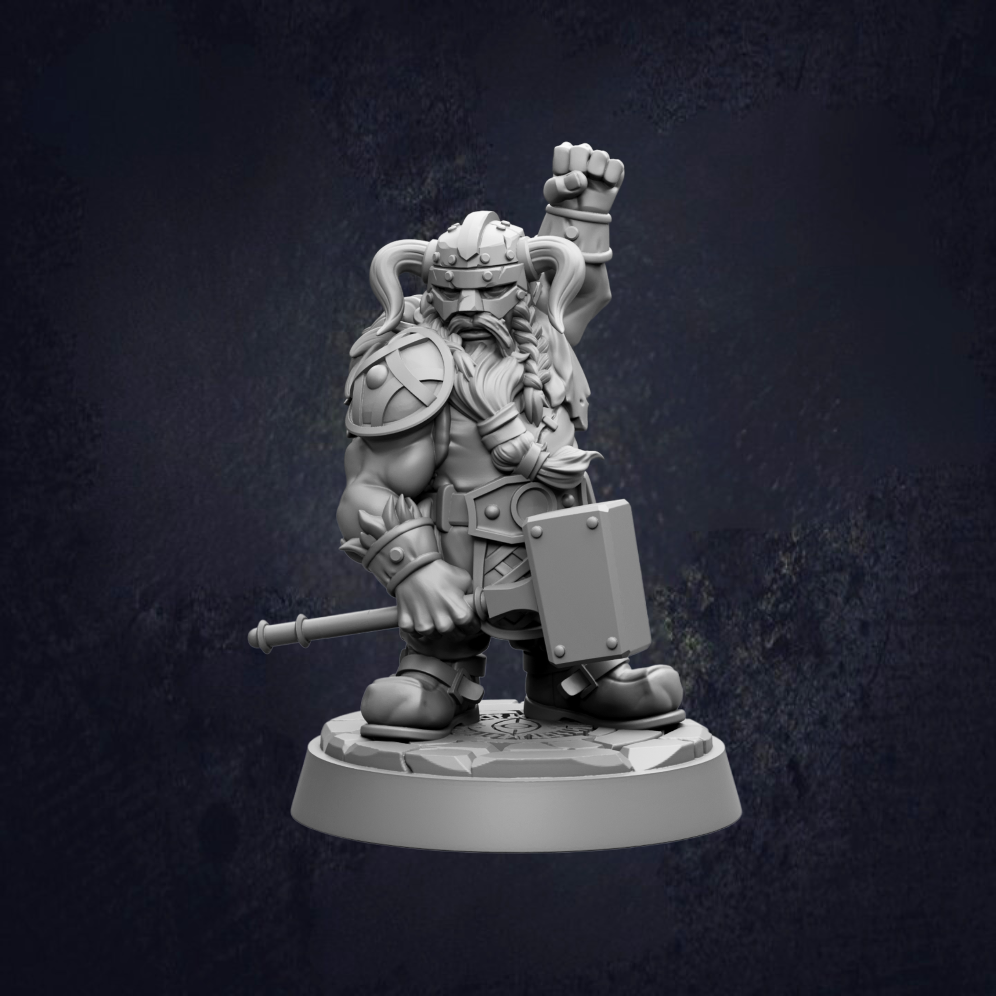 A 3D model of a dwarf warrior figure, standing on a base and holding a hammer in one hand and a shield in the other.