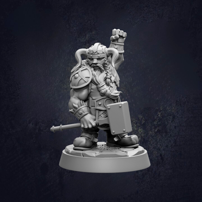 A 3D model of a dwarf warrior figure, standing on a base and holding a hammer in one hand and a shield in the other.
