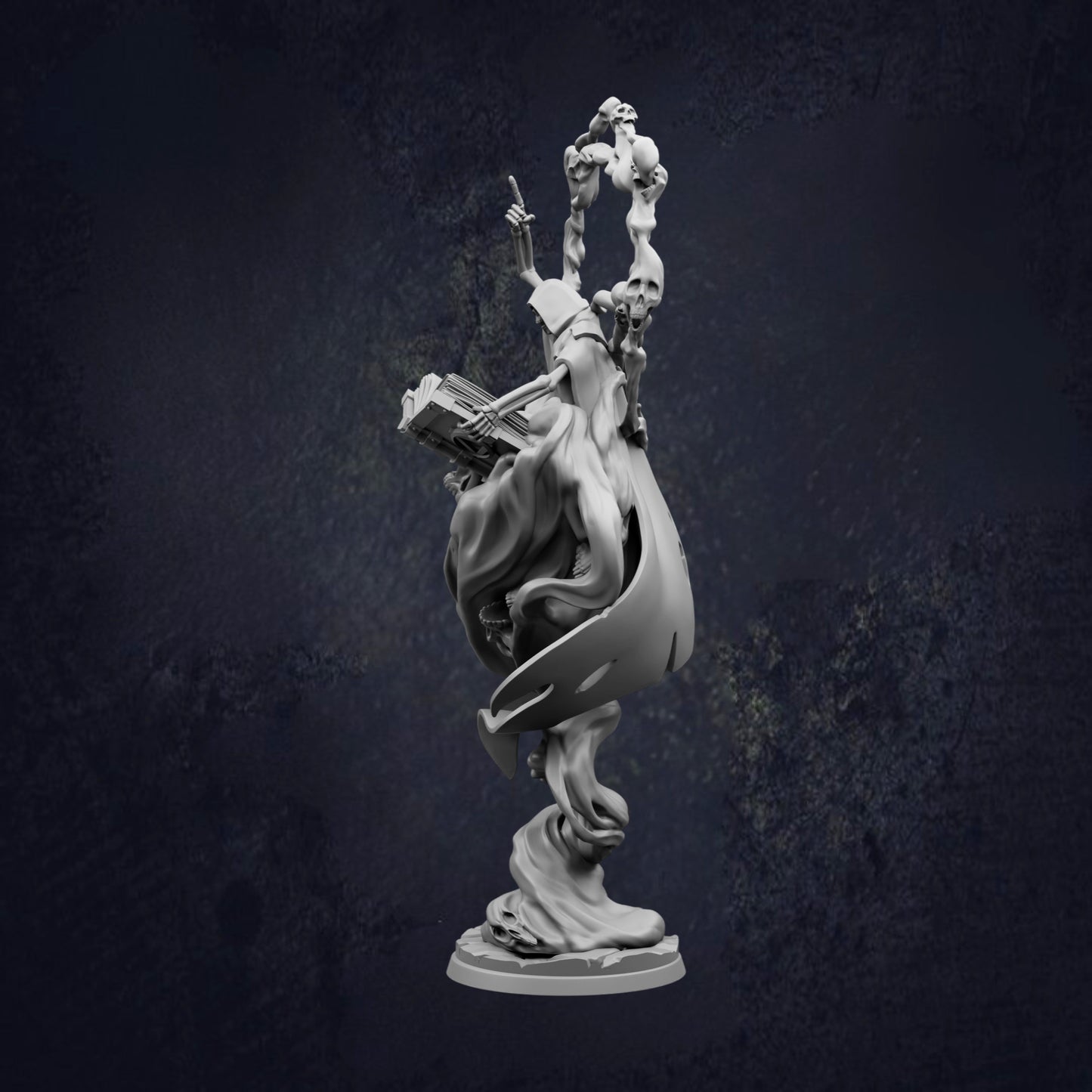A dark, moody image featuring a surreal, abstract sculpture with a twisted, ethereal form and a skull-like element.