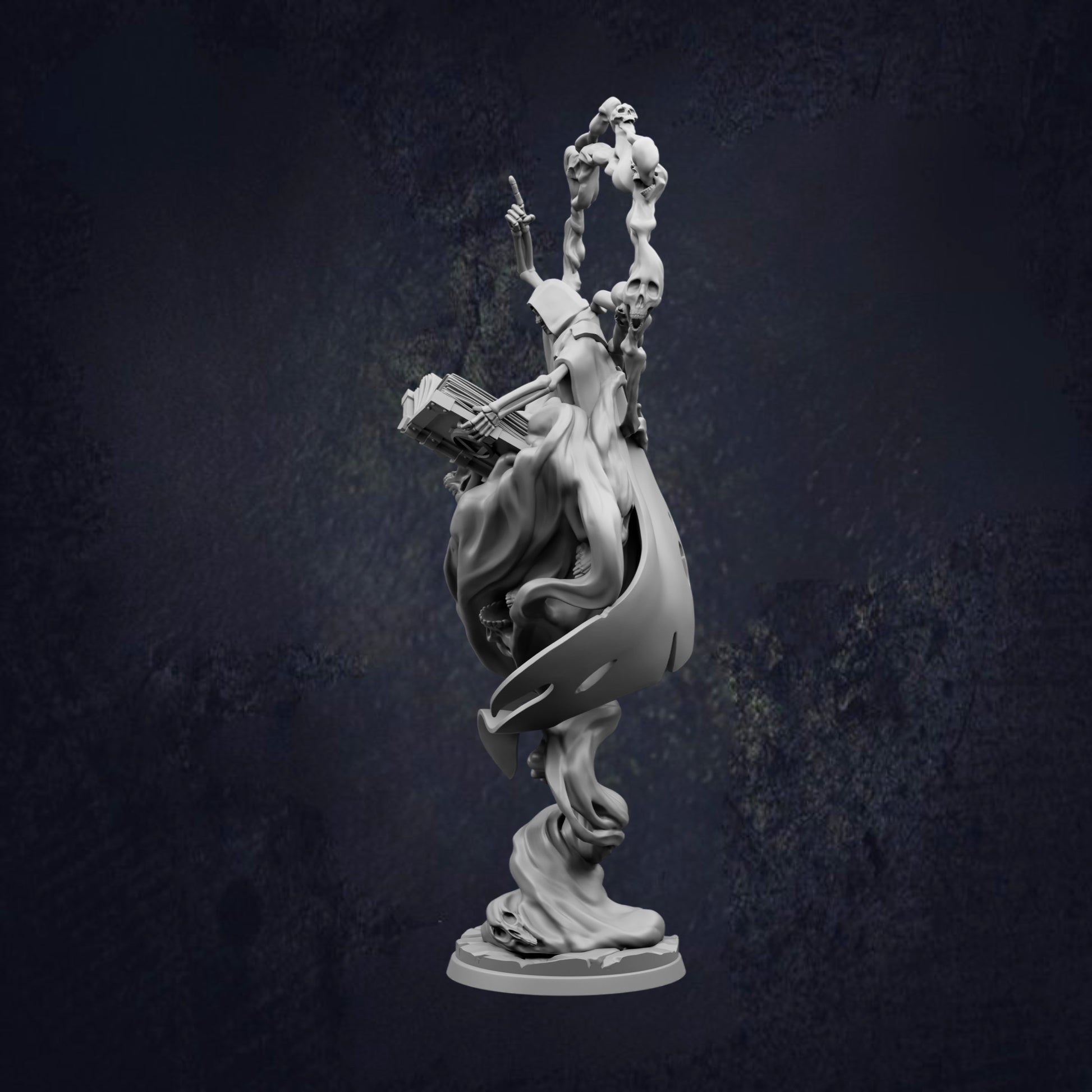 A dark, moody image featuring a surreal, abstract sculpture with a twisted, ethereal form and a skull-like element.
