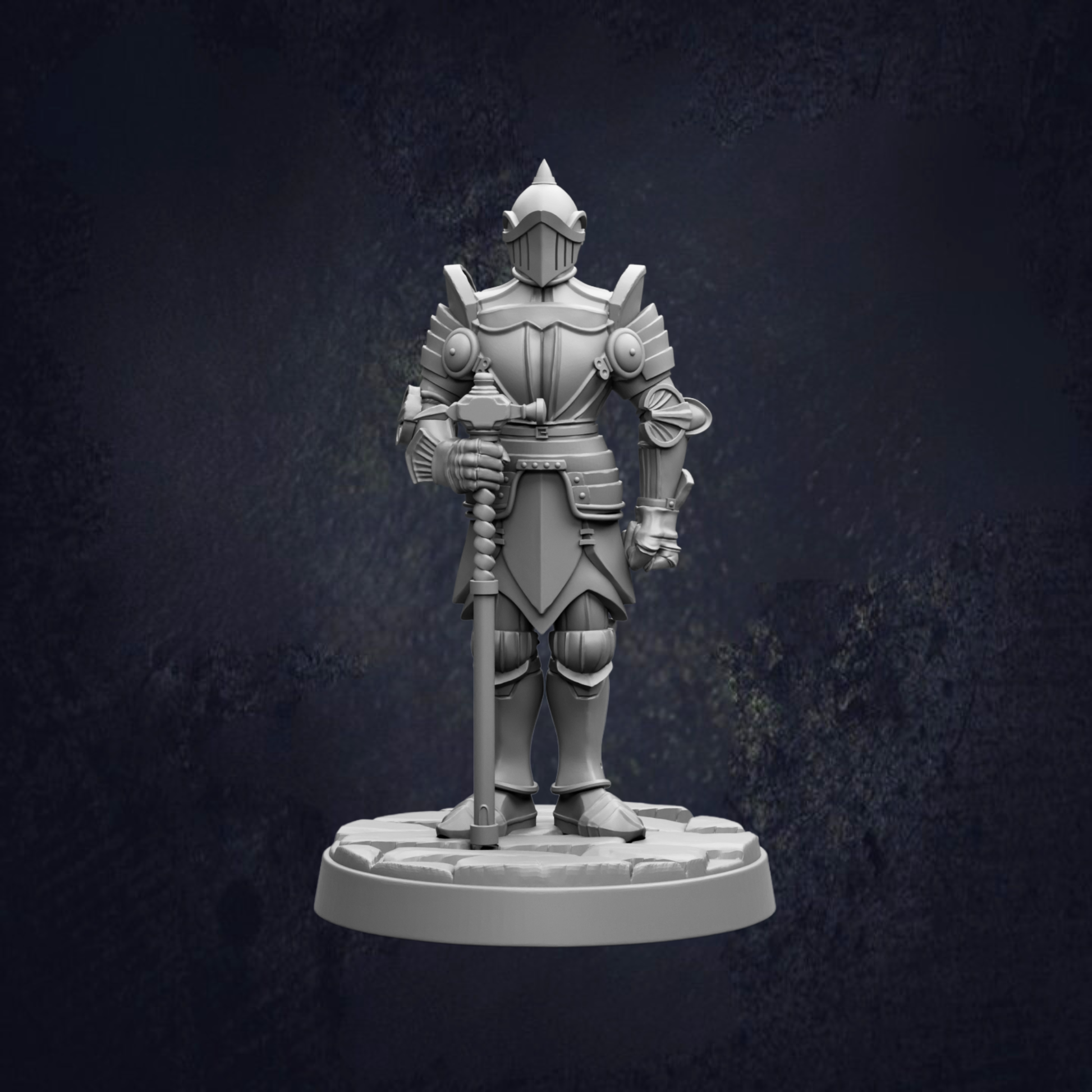 A 3D model of a knight in armor, standing on a pedestal against a dark background.