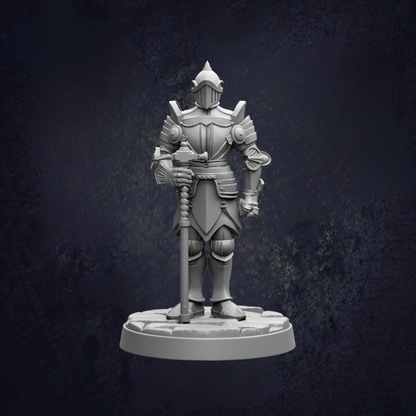A 3D model of a knight in armor, standing on a pedestal against a dark background.