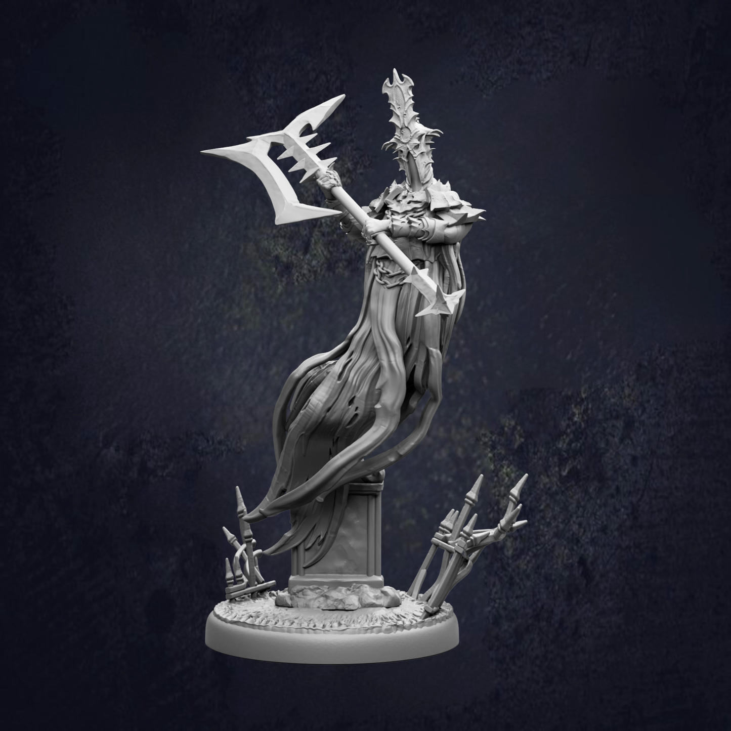 A detailed 3D model of a fantasy character, possibly a deity or a magical being, standing on a pedestal and holding a large weapon.