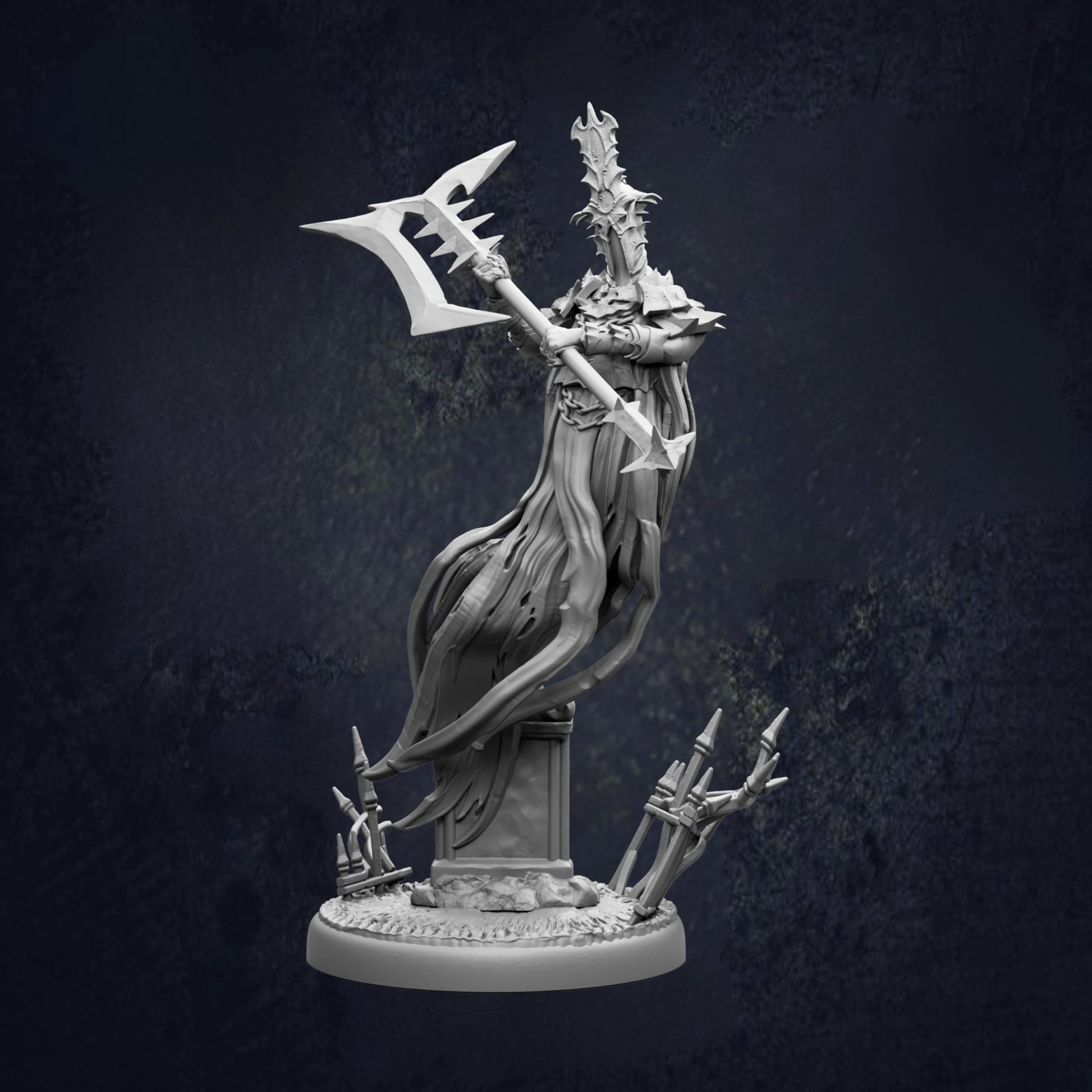 A detailed 3D model of a fantasy character, possibly a deity or a magical being, standing on a pedestal and holding a large weapon.