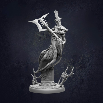 A detailed 3D model of a fantasy character, possibly a deity or a magical being, standing on a pedestal and holding a large weapon.