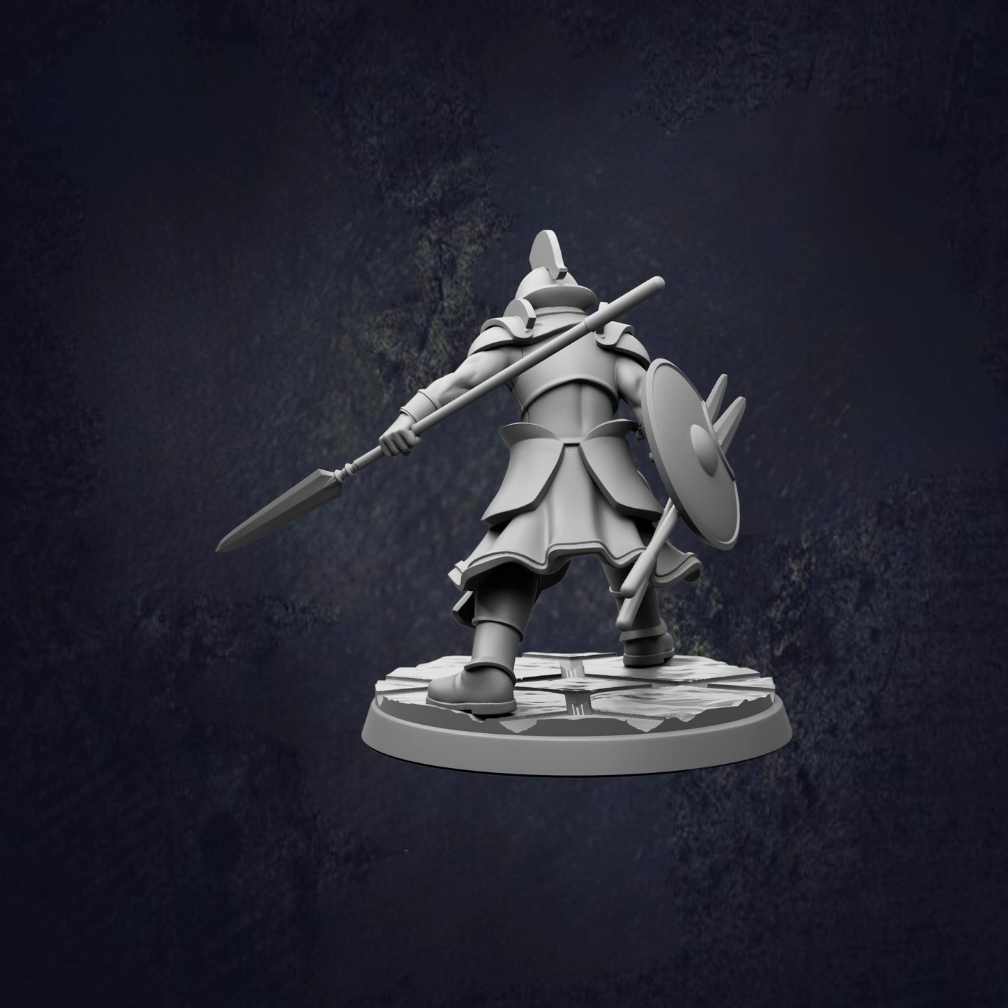 A 3D model of a warrior figure holding a spear and shield, standing on a platform against a dark background.