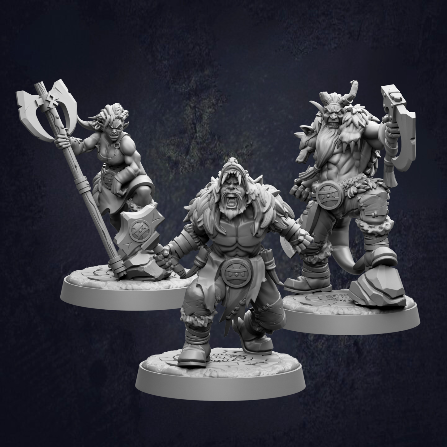 three detailed, 3D-rendered fantasy characters, each holding various weapons and standing in different poses.