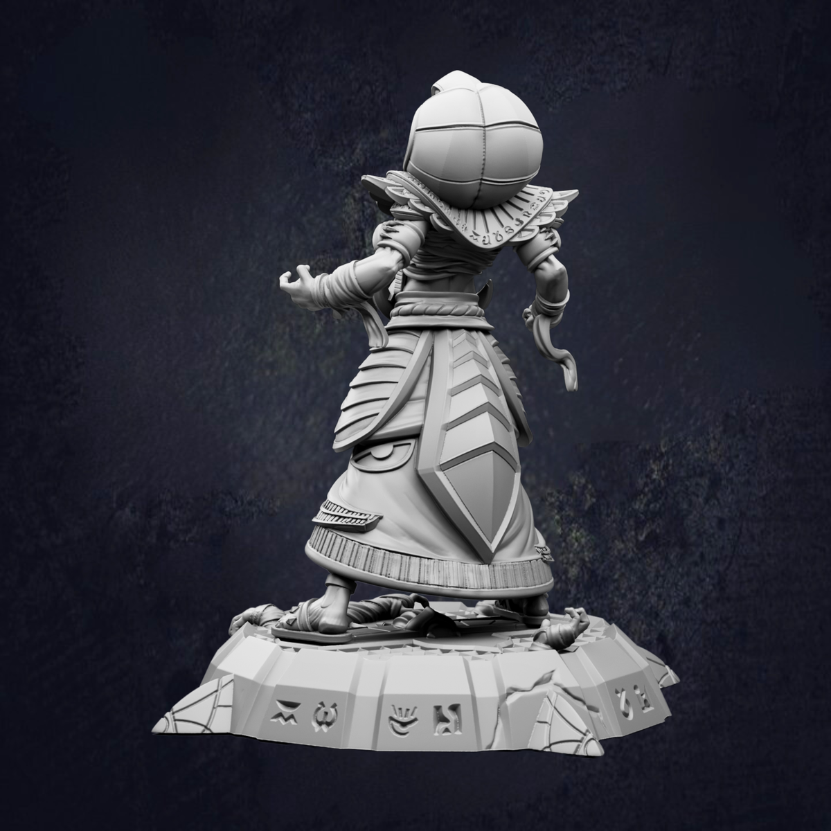 A 3D rendering of a character with a helmet and ornate armor, standing on a platform with various symbols and text.